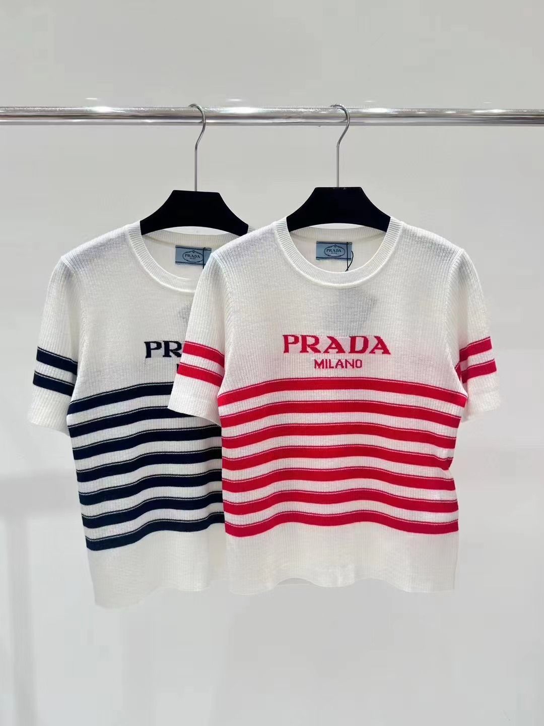 Knitted striped crew neck short sleeves