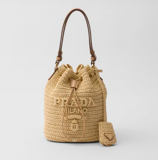 PRDA Crocheted leather mini bucket bag(19.5CM*15.5CM*10CM)