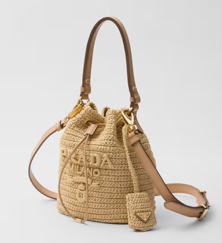 PRDA Crocheted leather mini bucket bag(19.5CM*15.5CM*10CM)