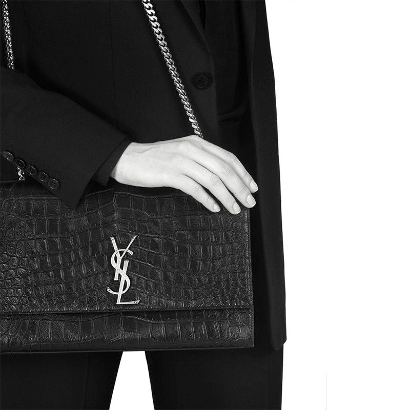 YSL Large Kate Bag In Black Crocodile L (24×14.5×5.5cm)