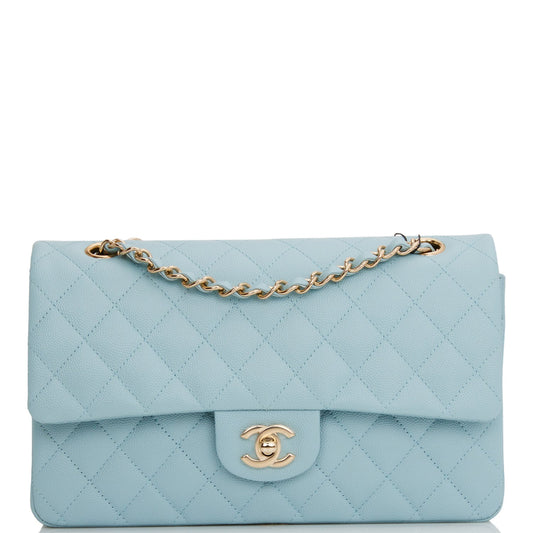 CC Medium Classic Double Flap Bag Blue Quilted Caviar Light Gold Hardware（15.5×25.5×6.5cm）