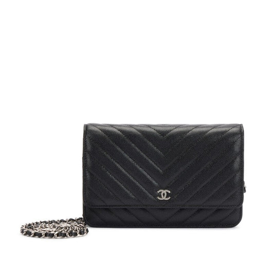 CC Black Caviar Chevron Wallet On Chain Sier Hardware（13×19×5cm）