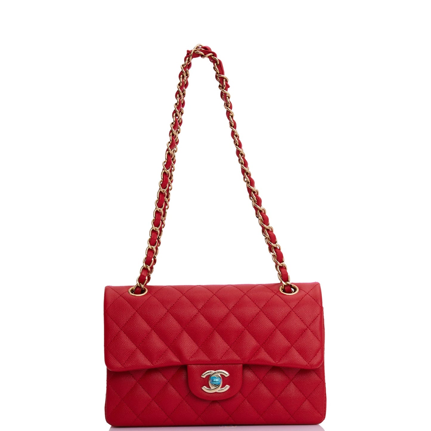 CC Small Classic Double Flap Red Caviar Light Gold Hardware（15.5×25.5×6.5cm）