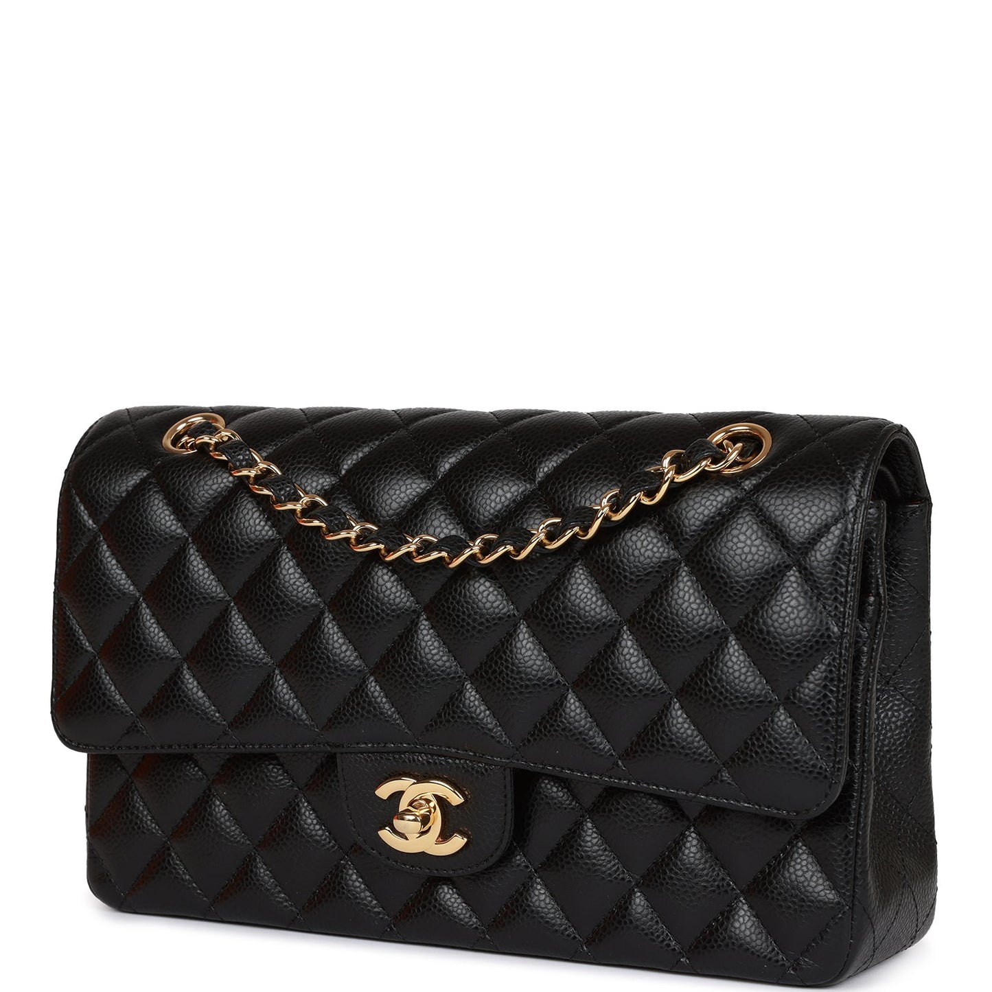 CC Medium Classic Double Flap Bag Black Caviar Gold Hardware（15.5×25.5×6.5cm）