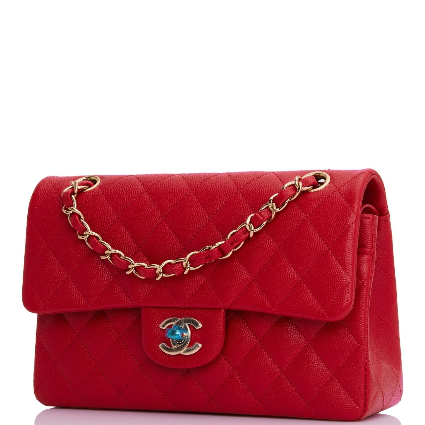 CC Small Classic Double Flap Red Caviar Light Gold Hardware（15.5×25.5×6.5cm）