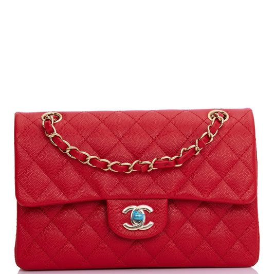 CC Small Classic Double Flap Red Caviar Light Gold Hardware（15.5×25.5×6.5cm）