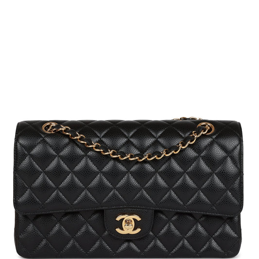 CC Medium Classic Double Flap Bag Black Caviar Gold Hardware（15.5×25.5×6.5cm）