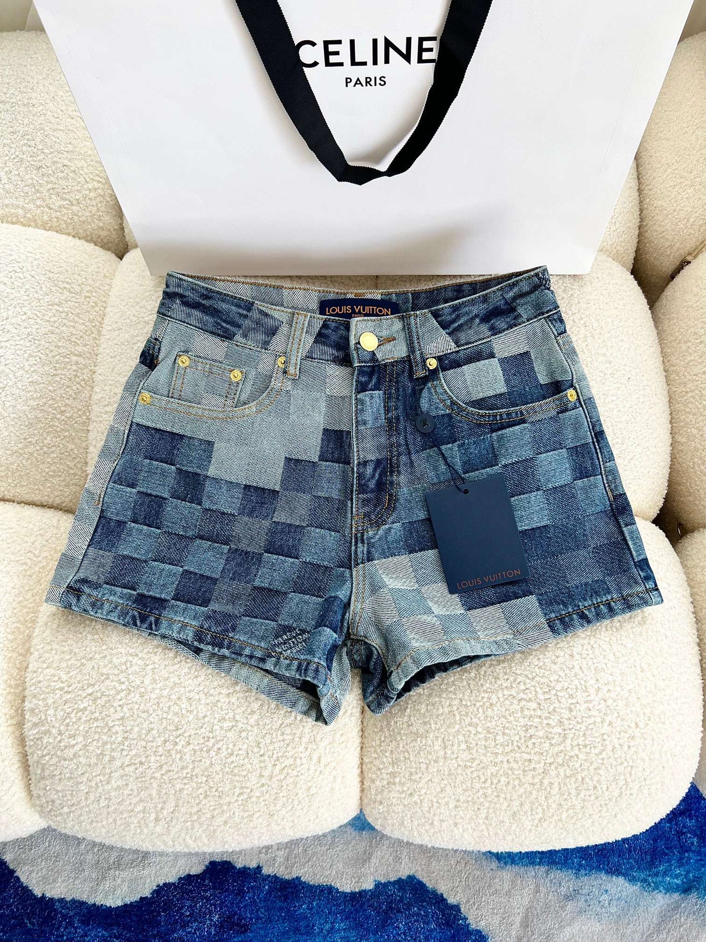 New twill textured checkerboard denim shorts