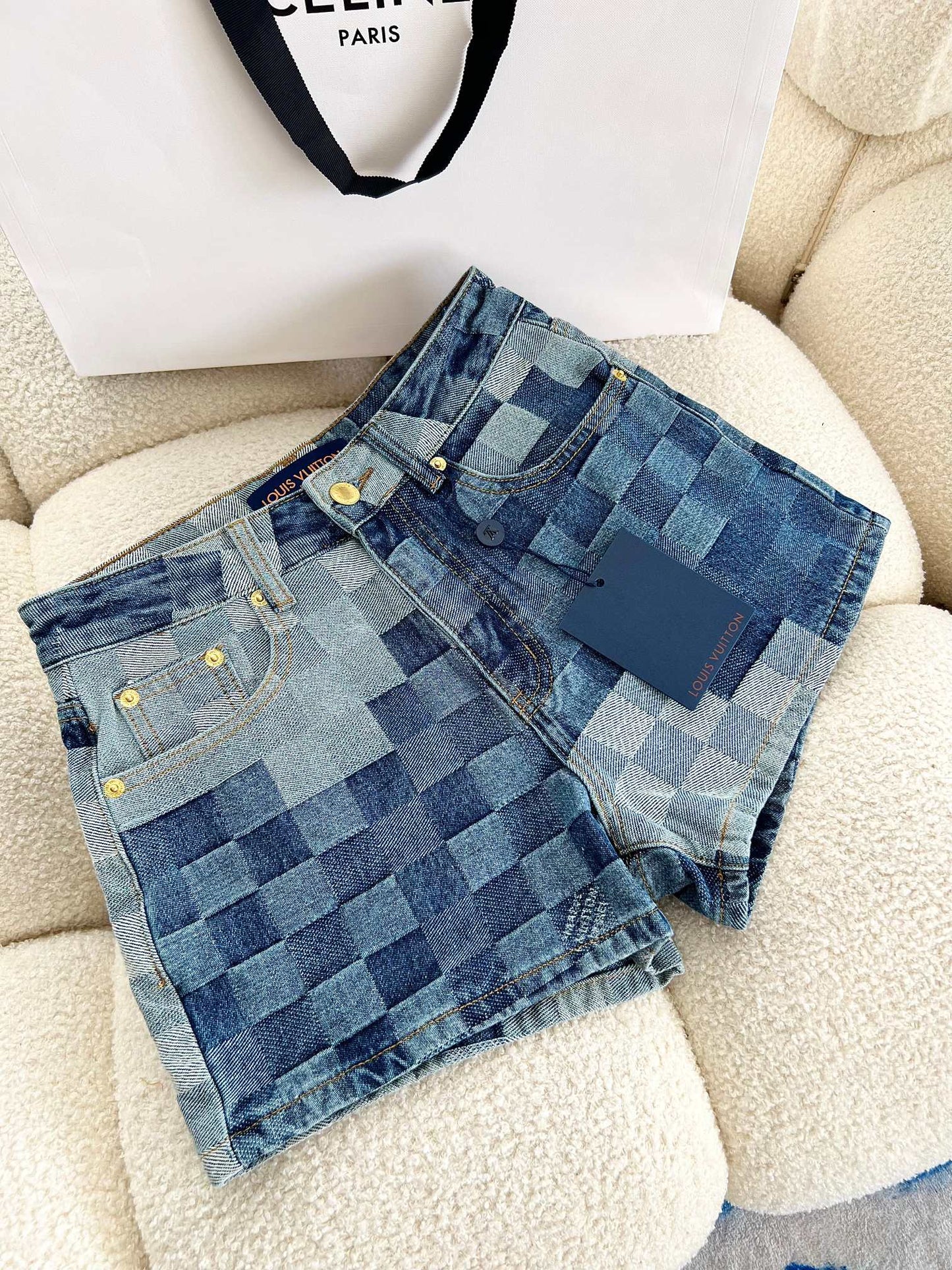 New twill textured checkerboard denim shorts