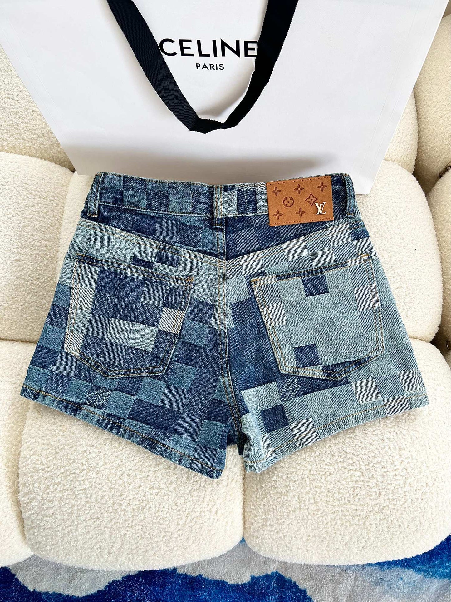 New twill textured checkerboard denim shorts