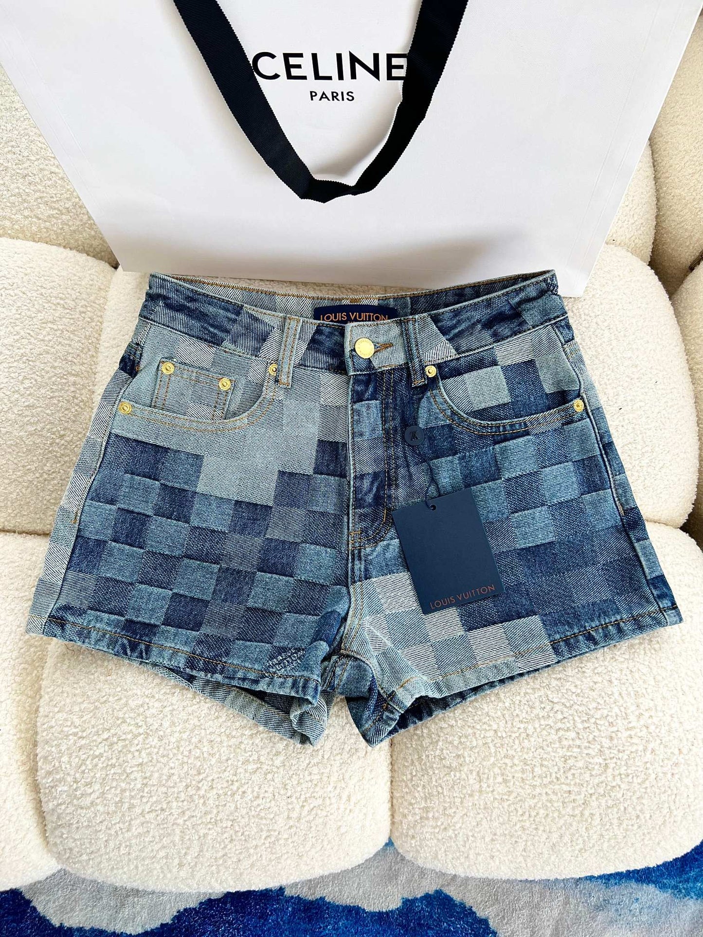 New twill textured checkerboard denim shorts